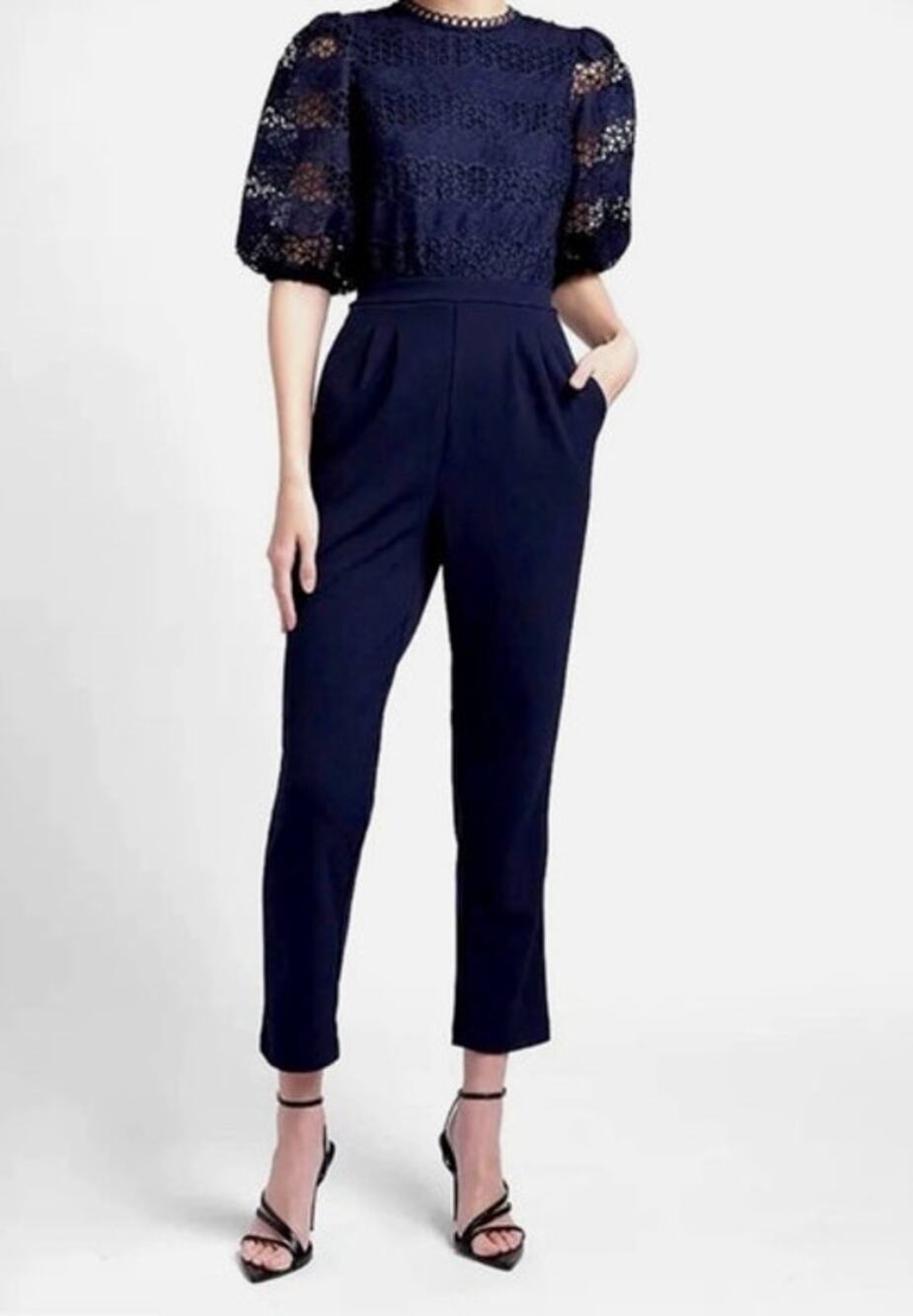 NWOT Express Womens Navy Lace Inset Puff Sleeve Jumpsuit Size Small